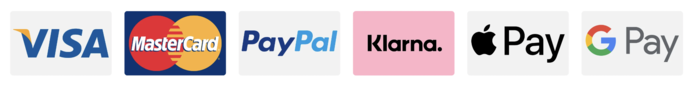 Akzeptierte Zahlungsmethoden: Visa, MasterCard, PayPal, Klarna, Apple Pay, Google Pay.
