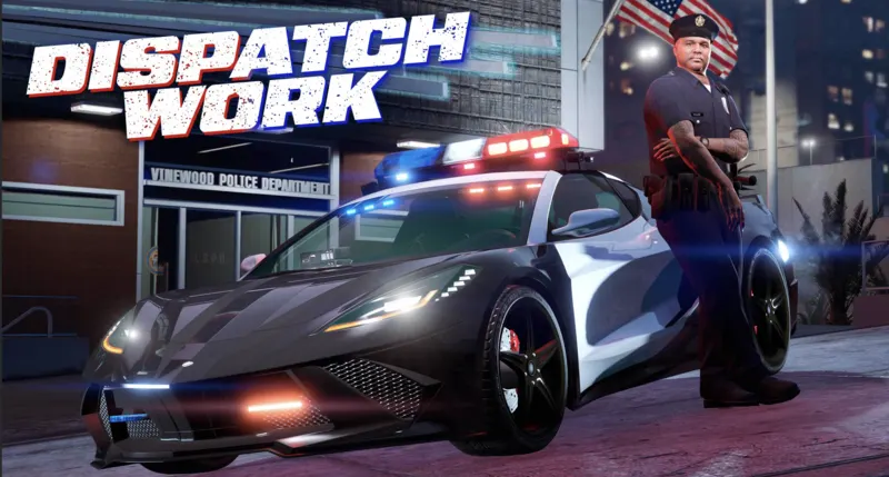 Polizist steht neben Polizeiauto vor Polizeistation.