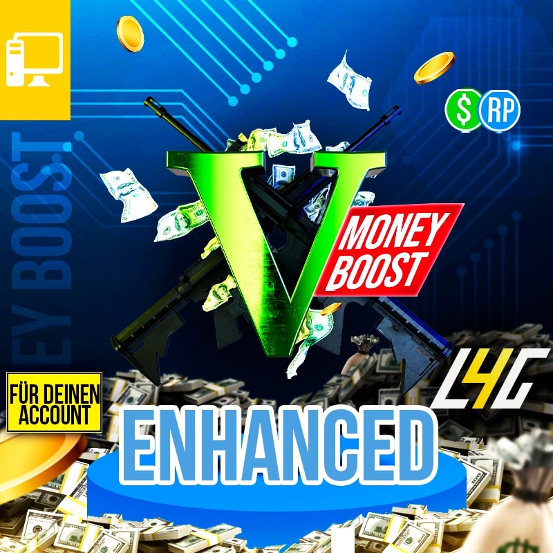 Geld-Motiv mit Boost-V und Waffen, digital gestaltet.