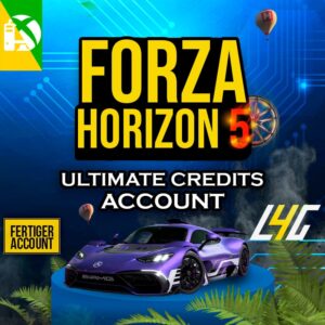 Forza Horizon 5 Spielwerbung mit Auto und Kontodetails.