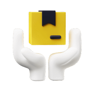 Hände halten gelben Versandkarton mit Etikett.